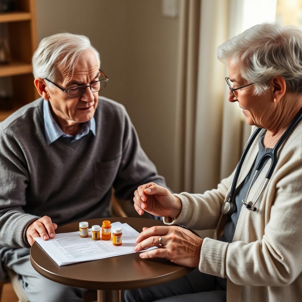 Older adult and provider reviewing a medication list together during a deprescribing consultation