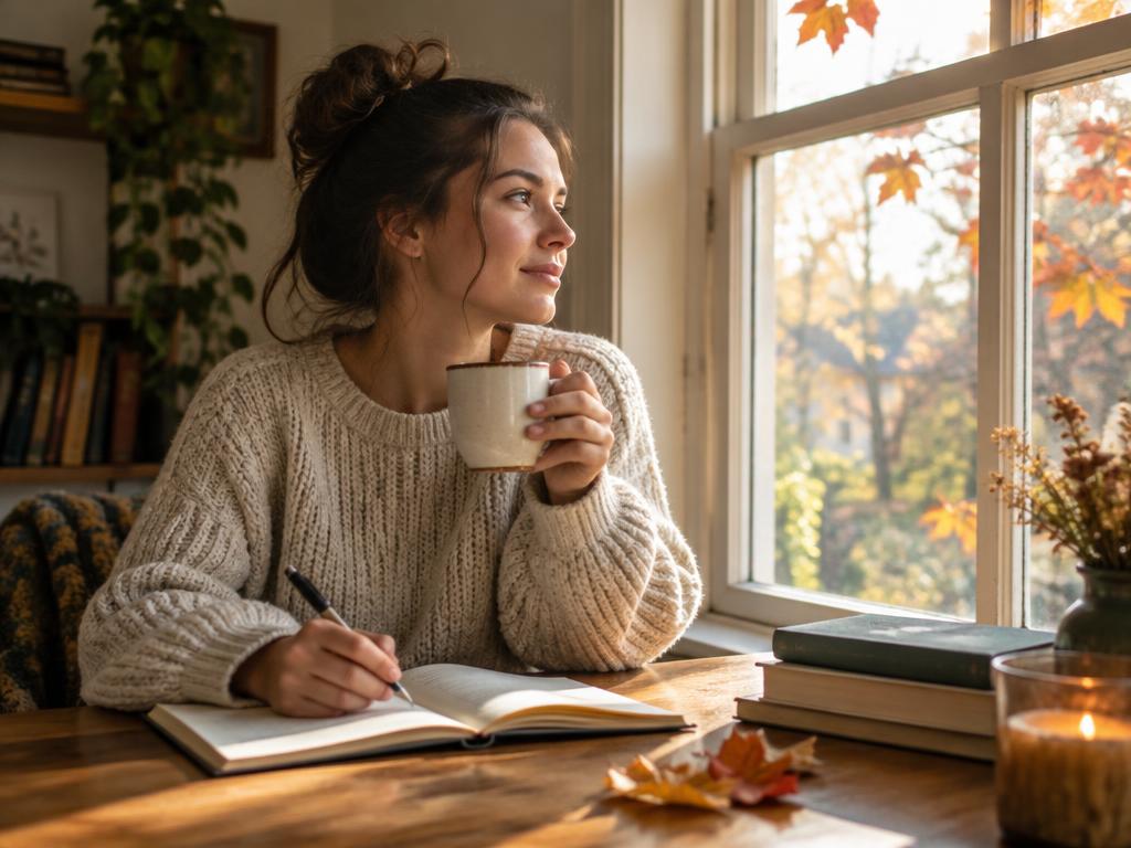 A person sitting by a sunlit window with a journal and coffee in early autumn — representing planning ahead for seasonal mood changes.