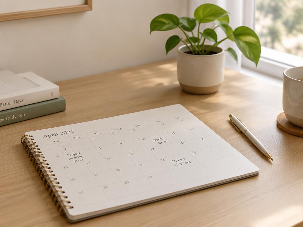 A calendar and planner on a desk, symbolizing planning ahead for seasonal mood changes.